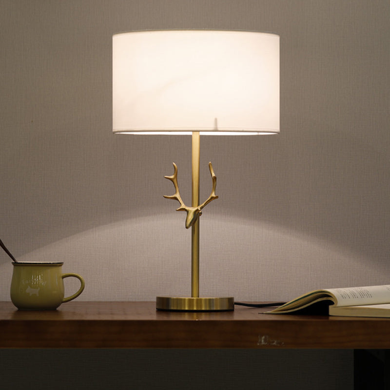 Cylindrical Fabric Desk Light Modernist 1 Bulb White Night Table Lamp with Gold Metal Elk