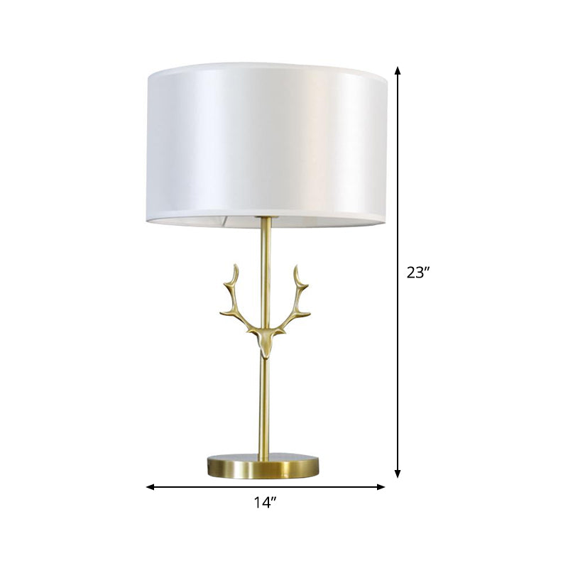 Cylindrical Fabric Desk Light Modernist 1 Bulb White Night Table Lamp with Gold Metal Elk