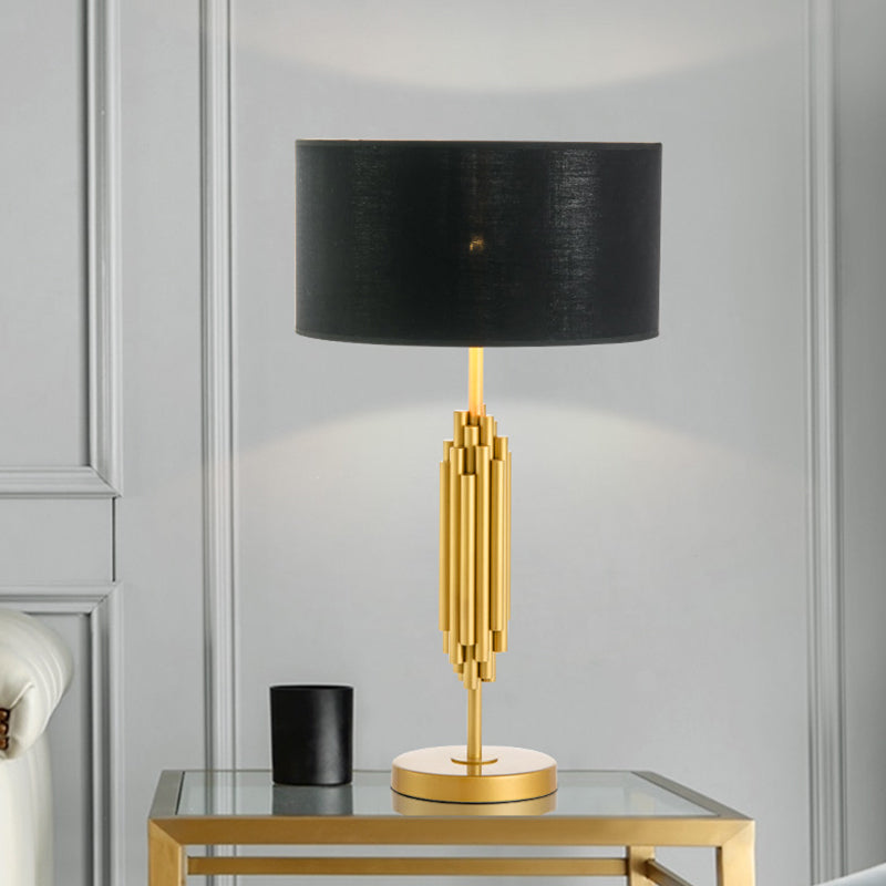 Contemporary Shaded Desk Light Fabric 1 Head Nightstand Lamp in Black with Gold Circular Metal Base