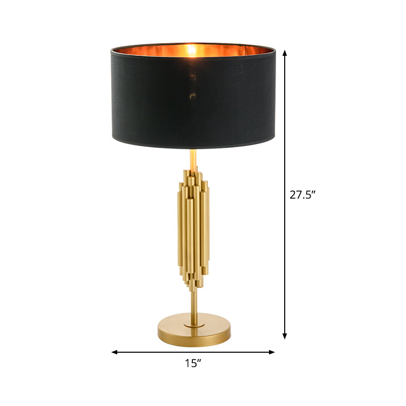 Contemporary Shaded Desk Light Fabric 1 Head Nightstand Lamp in Black with Gold Circular Metal Base