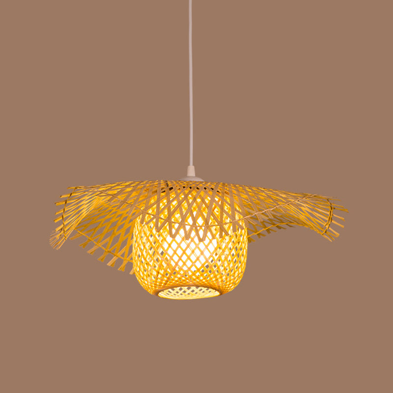 Flared Ceiling Lamp Asian Bamboo 1 Head Wood Hanging Pendant Light for Restaurant, 18"/29.5" Wide