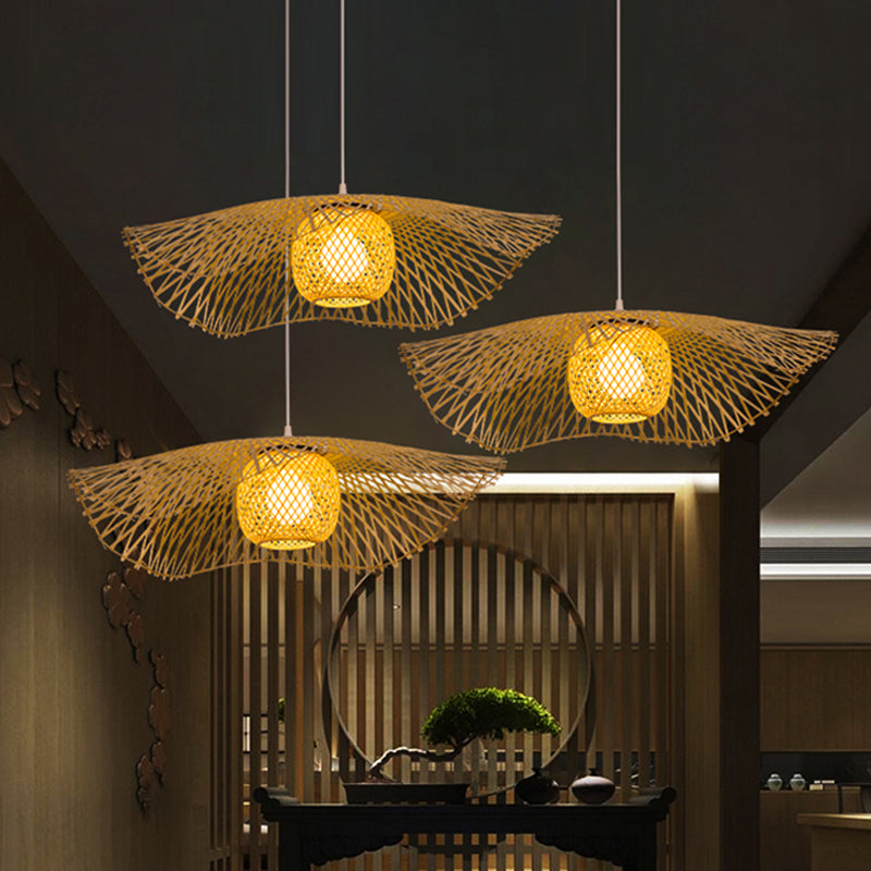 Flared Ceiling Lamp Asian Bamboo 1 Head Wood Hanging Pendant Light for Restaurant, 18"/29.5" Wide