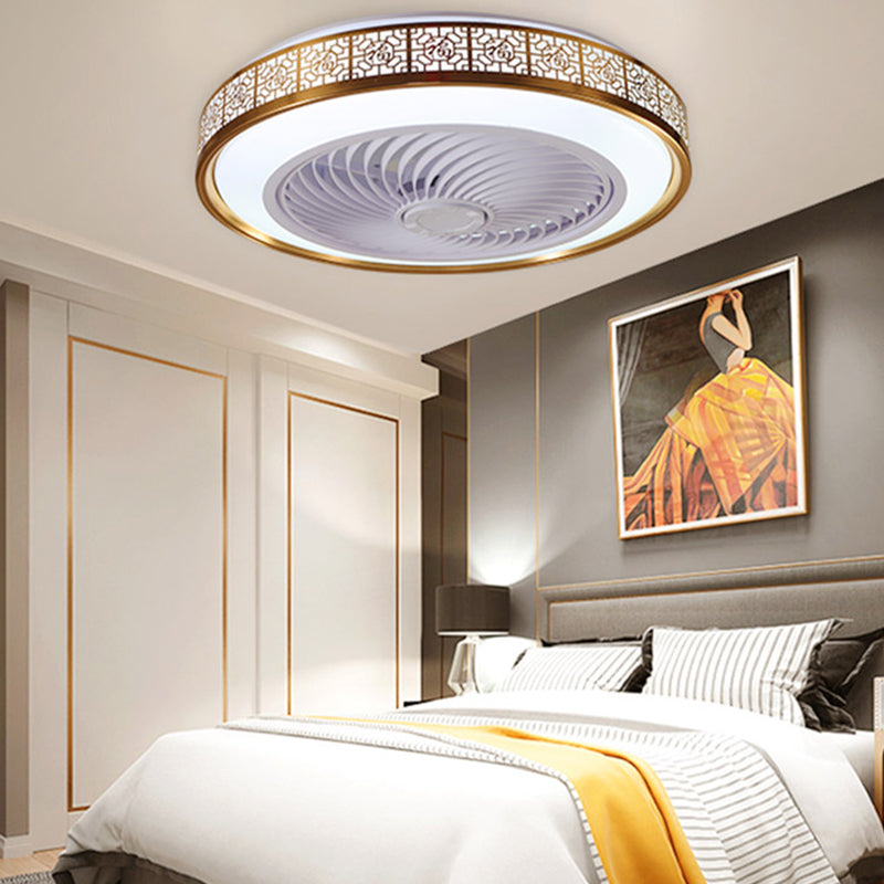 Drum Metallic LED Ceiling Fan Fixture Modern Style Semi Flush Mount Light for Dining Room