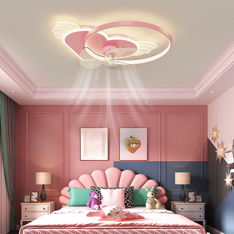 Pink Heart and Ring Ceiling Fan Cartoon LED Metal Semi Flush Light Fixture for Kids Room