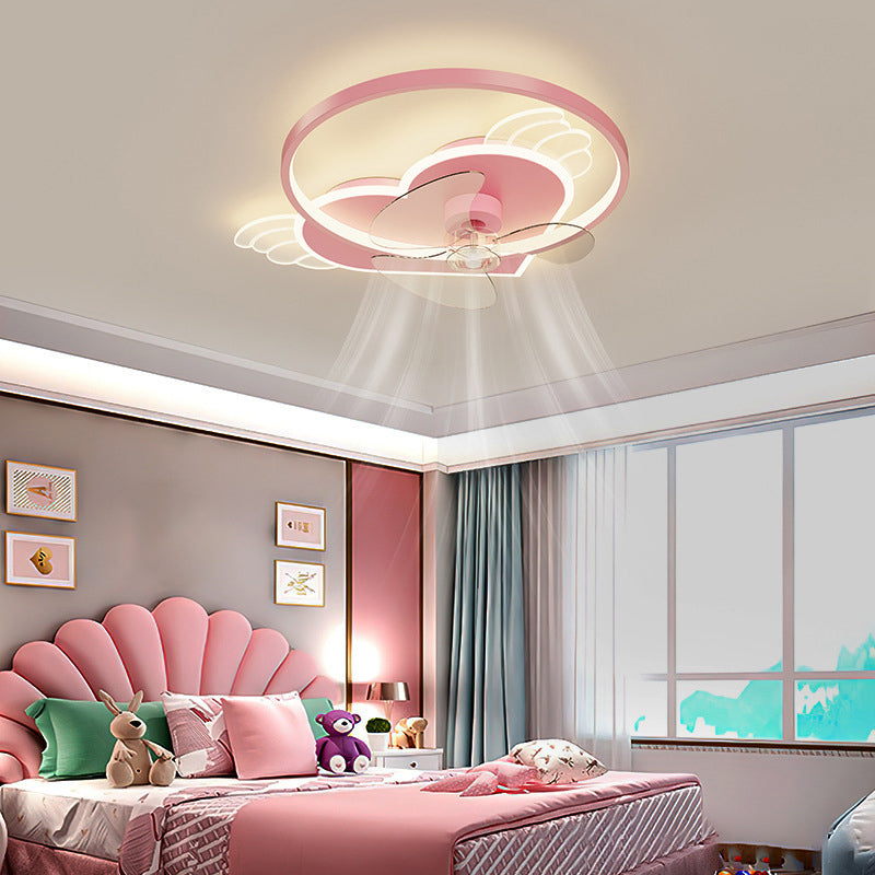 Pink Heart and Ring Ceiling Fan Cartoon LED Metal Semi Flush Light Fixture for Kids Room