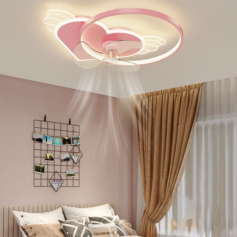 Pink Heart and Ring Ceiling Fan Cartoon LED Metal Semi Flush Light Fixture for Kids Room