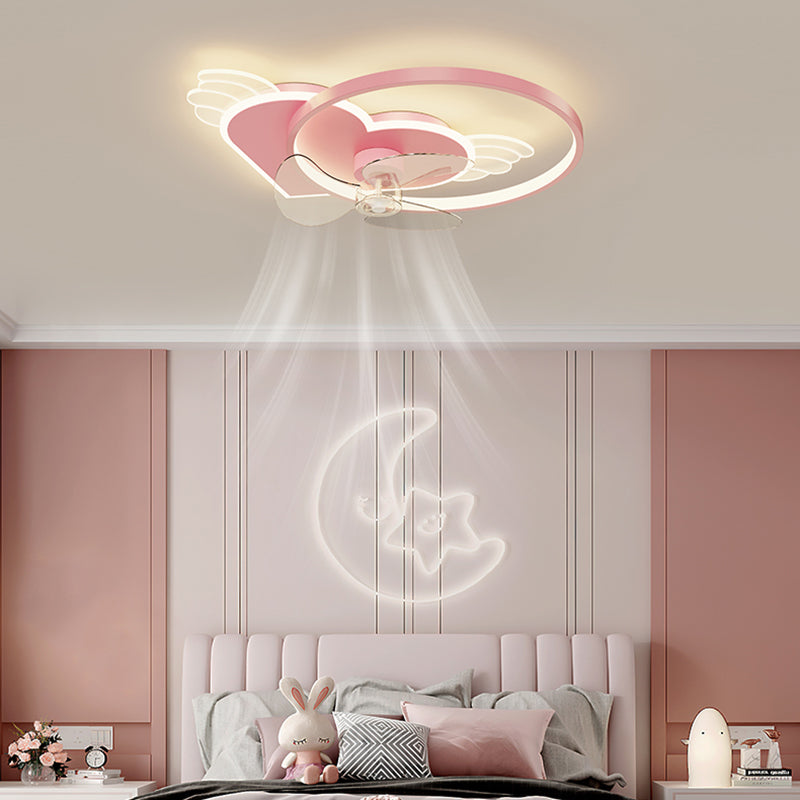 Pink Heart and Ring Ceiling Fan Cartoon LED Metal Semi Flush Light Fixture for Kids Room