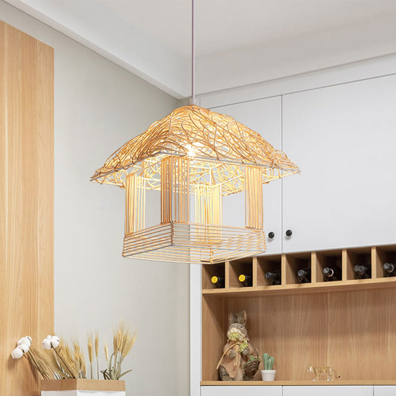 Asian 1 Bulb Pendant Light Beige House Suspended Lighting Fixture with Bamboo Shade