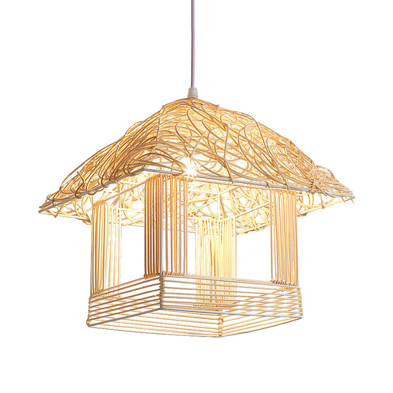 Aziatische 1 lamp hanglampje beige huis gesuspendeerd verlichtingsarmatuur met bamboeschaduw