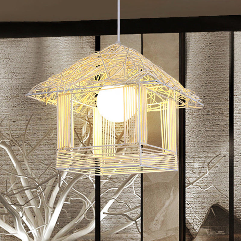 Tower Bamboo Pendant Lamp Chinese 1 Bulb White Hanging Ceiling Light for Teahouse