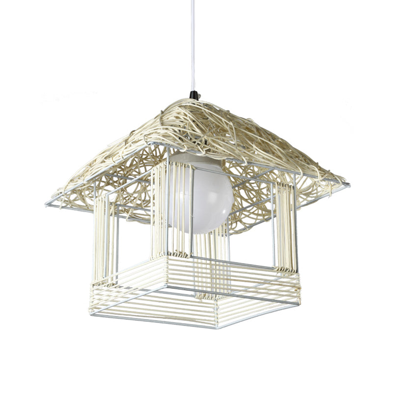 Tower Bamboo Pendant Lamp Chinese 1 Bulb White Hanging Ceiling Light for Teahouse