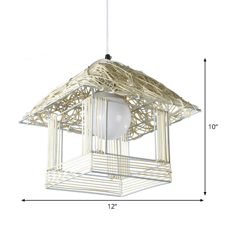 Tower Bamboo Pendant Lamp Chinese 1 Bulb White Hanging Ceiling Light for Teahouse