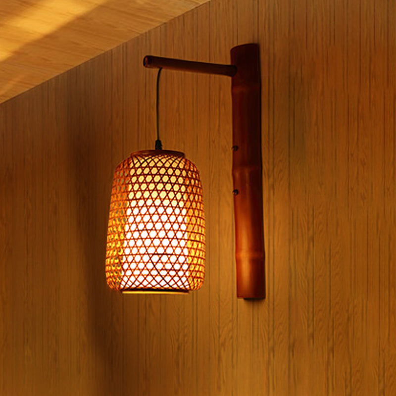Lampada a monte rossa a parete marrone rossa di bambù fatte a mano con tonalità di pergamena bianca tubolare interno