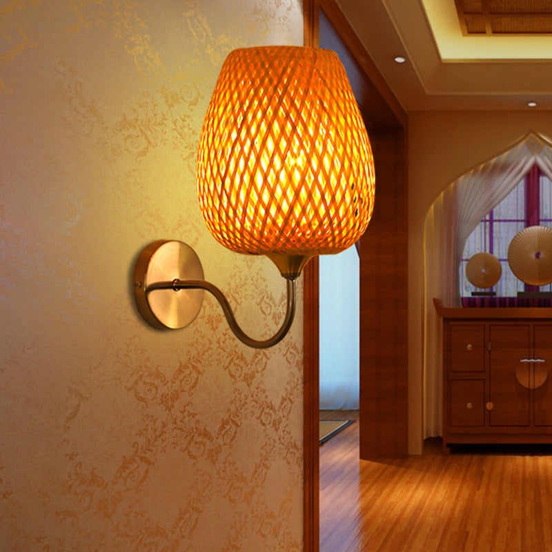 1 cabezal de comedor lámpara de pared china de color listón de color caqui chino con canasta de bambú sombra