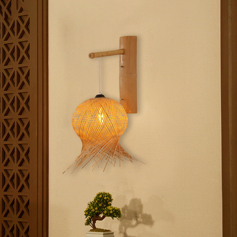 Lantern Sconce Light Chinese Bamboo 1 Bulb Wall Mounted Lamp in Flaxen for Teahouse