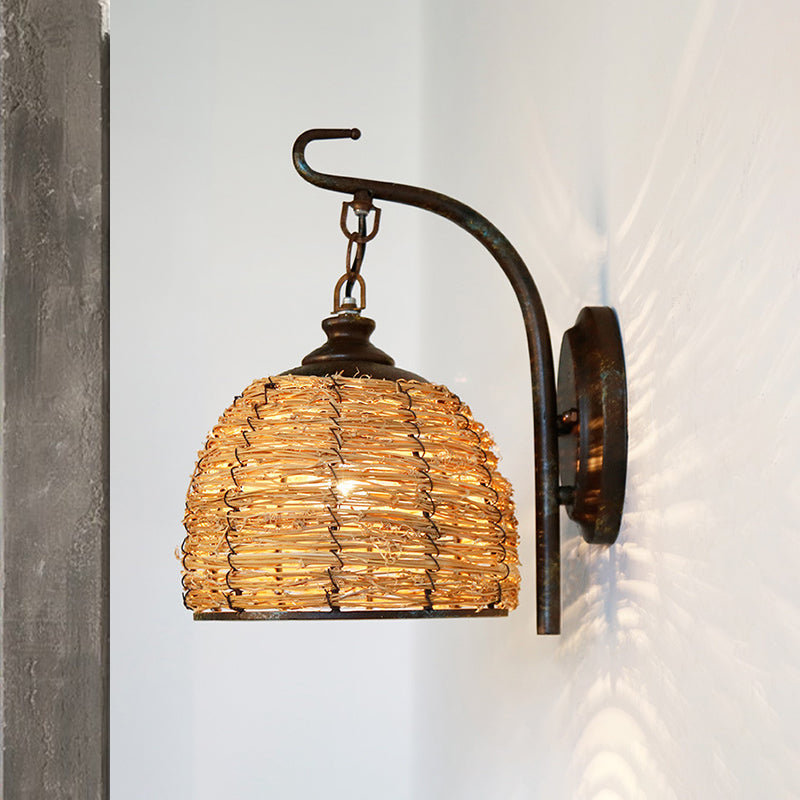 1 lampadario a parete a cupola giapponese lampada sconde rattan in lino con braccio curvo in metallo