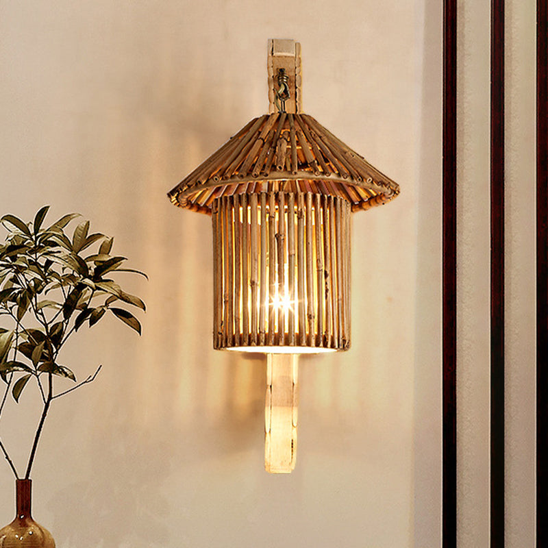 Lampada da parete a parete da 1 testa a muro di legno asiatico lampadario con tonalità di bambù a torre