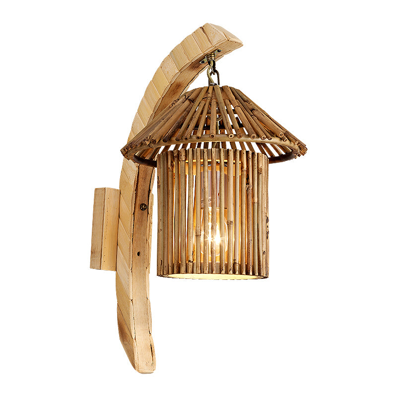 Lámpara de pared de restaurante de 1 cabezal lámpara de madera asiática con tono de bambú de torre
