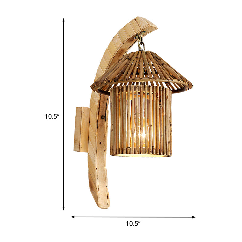 Lampada da parete a parete da 1 testa a muro di legno asiatico lampadario con tonalità di bambù a torre
