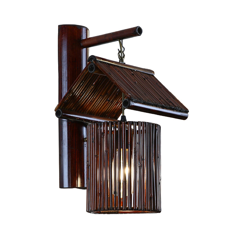1 lámpara de pared de bambú de bambú de la casa de bombilla en café oscuro/caqui con placa trasera de medio cilindro