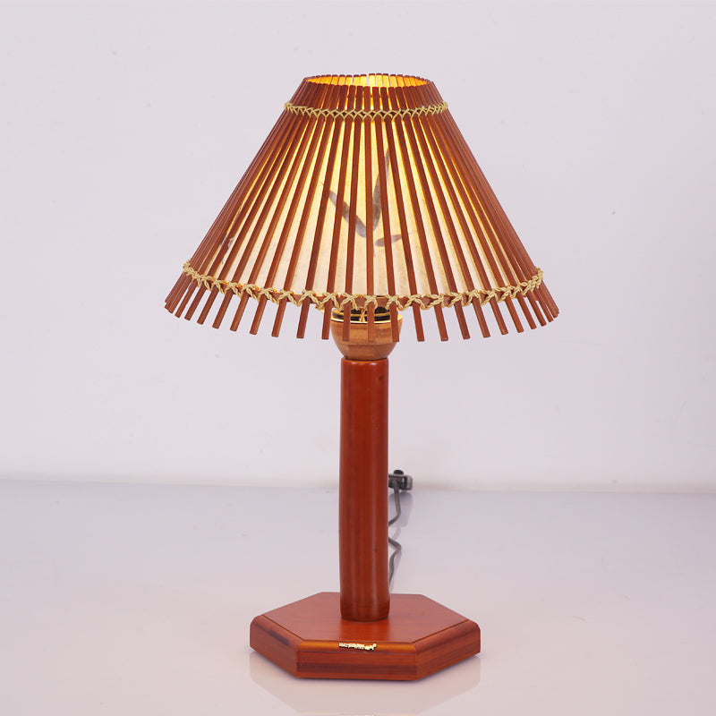 Trumpet Bamboo Desk Lamp Asian 1 Bulb Red Brown Task Lighting with Hexagon Wood Base