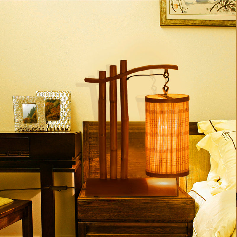 Bamboo Barrel Desk Lamp Chinese 1 Head Red Brown Task Light with Half-Cylinder Base