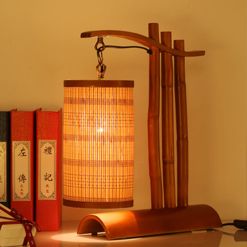 Bamboo Barrel Desk Lamp Chinese 1 Head Red Brown Task Light with Half-Cylinder Base