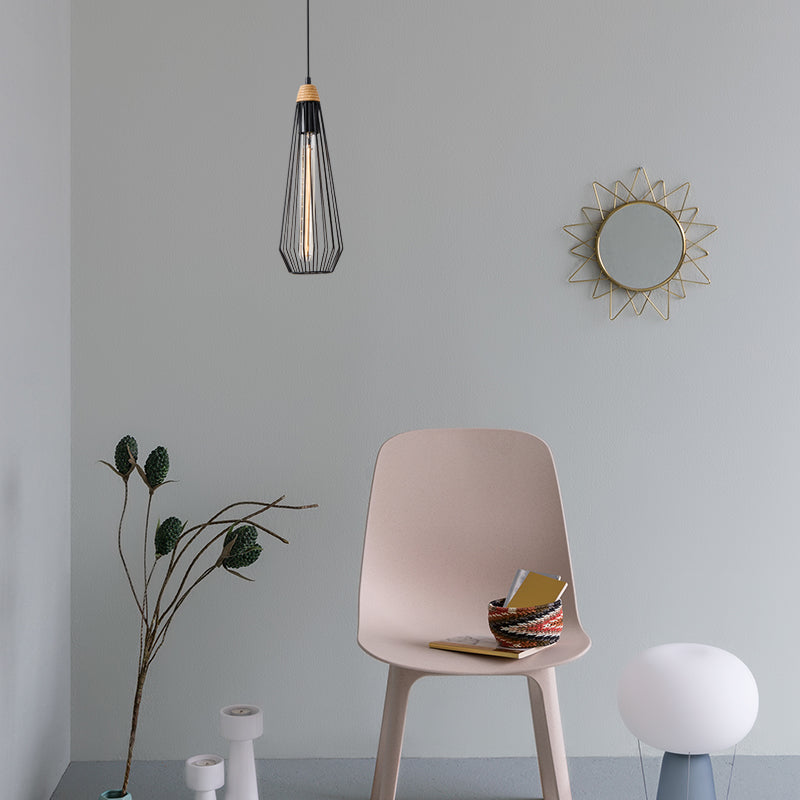 1-licht geometrische kooi hangende hanglamp Modern zwart/wit smeedijzeren verlichtingsarmatuur met houten dop voor slaapkamer