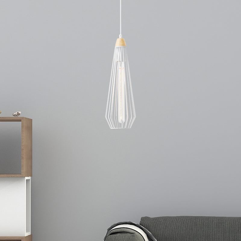 1-licht geometrische kooi hangende hanglamp Modern zwart/wit smeedijzeren verlichtingsarmatuur met houten dop voor slaapkamer