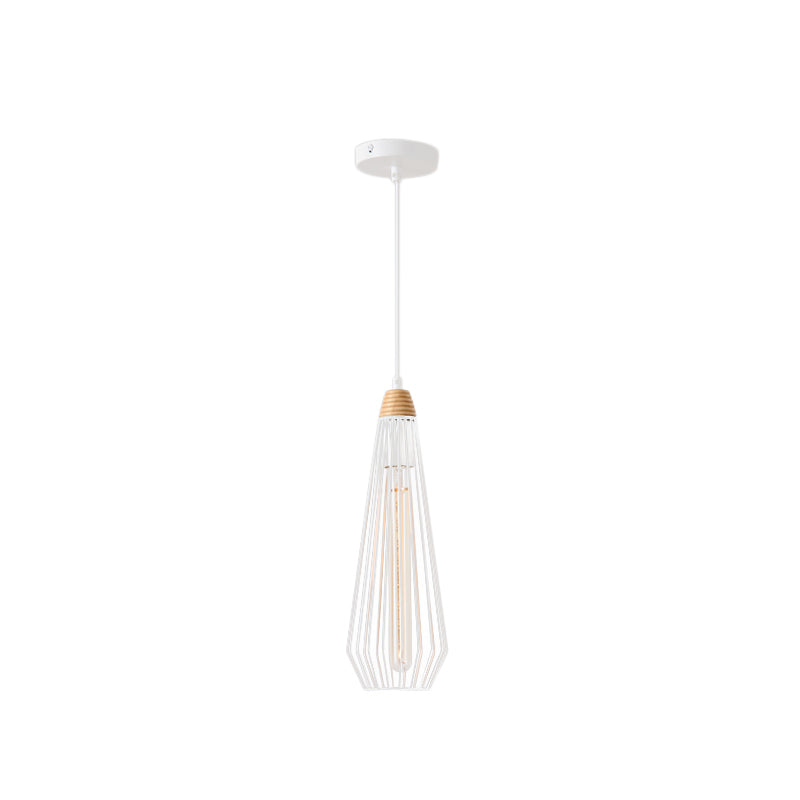 1-licht geometrische kooi hangende hanglamp Modern zwart/wit smeedijzeren verlichtingsarmatuur met houten dop voor slaapkamer