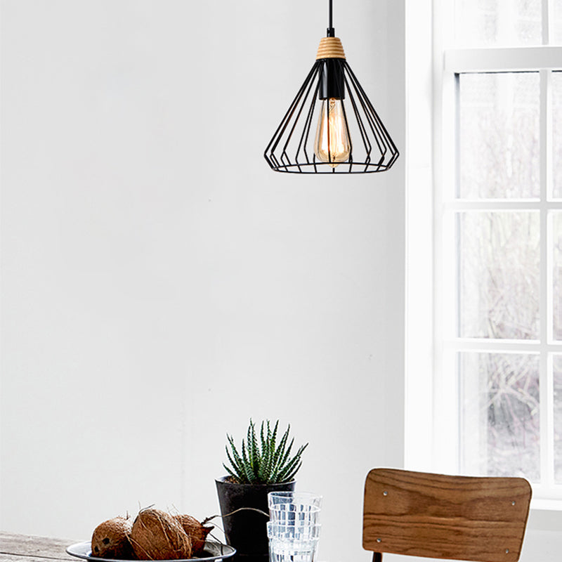 1-Light Cone Cage Hanging Lamp Nordic Style Black/White Metal Pendant Light Fixture for Indoor