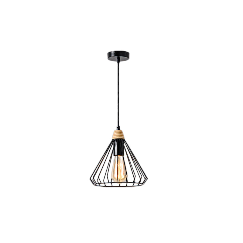 1-Light Cone Cage Hanging Lamp Nordic Style Black/White Metal Pendant Light Fixture for Indoor