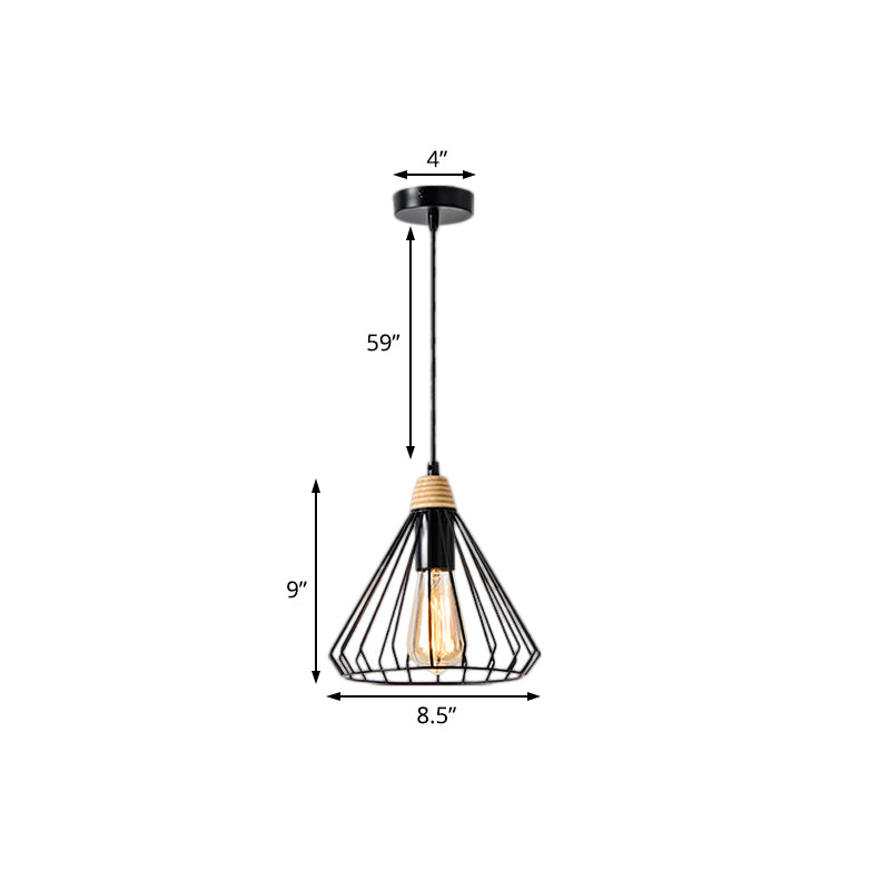 1-Light Cone Cage Hanging Lamp Nordic Style Black/White Metal Pendant Light Fixture for Indoor