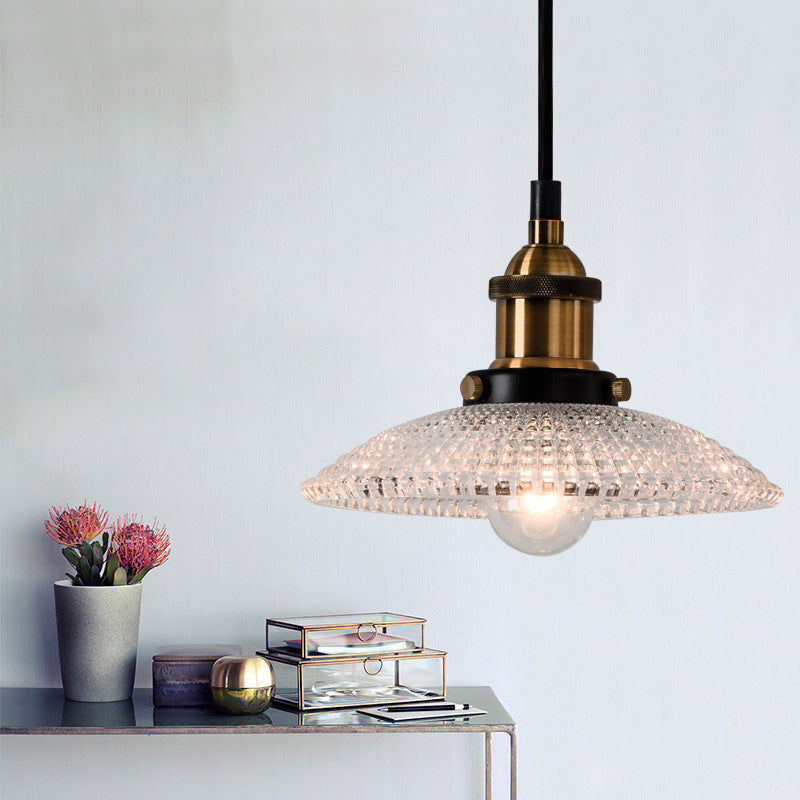 Grid Glass Brass Ceiling Light Bowl/Dome/Saucer Shade 1-Light Industrial Hanging Light Fixture for Kitchen