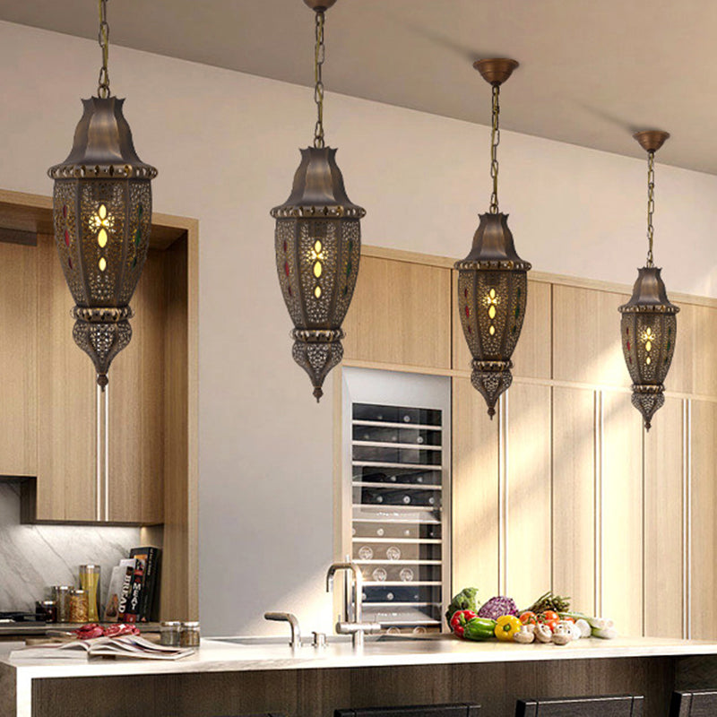 1 Bulb Carved Pendant Lighting Decorative Metal Ceiling Suspension Lamp in Bronze