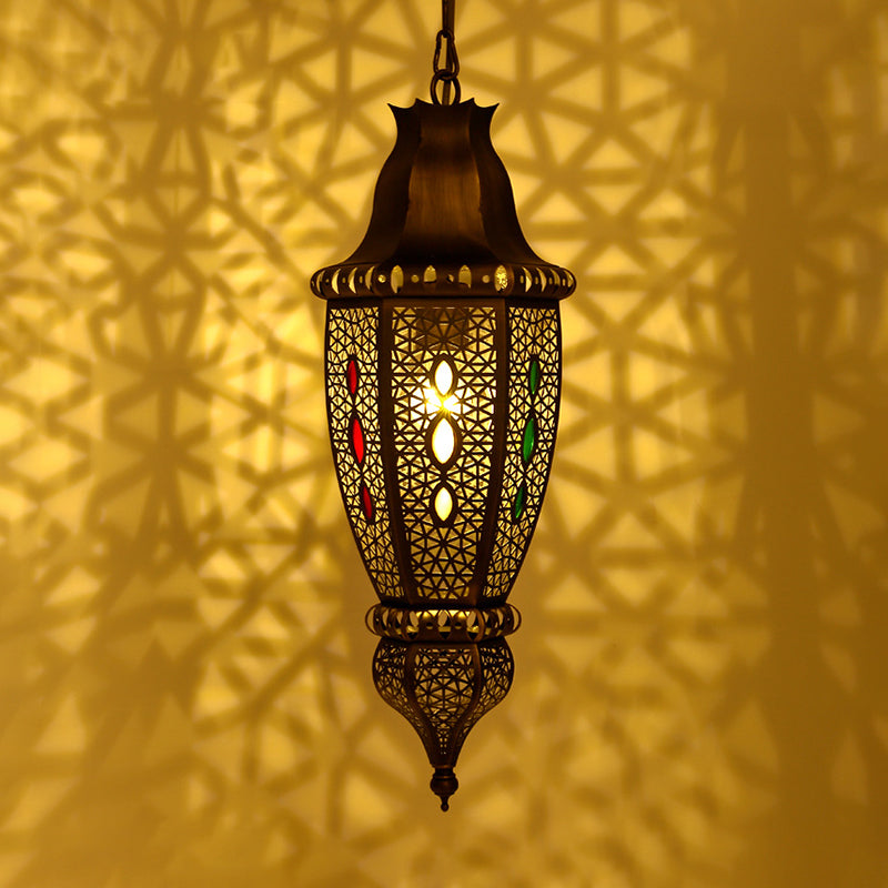 1 Bulbo de iluminación colgante tallada lámpara de suspensión de techo de metal decorativo en bronce
