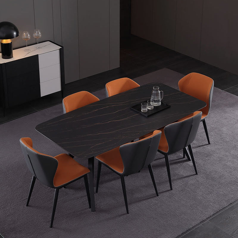 Mesa de comedor rectangular contemporánea Mesa de comedor de piedra sinterizada con base de caballete negro