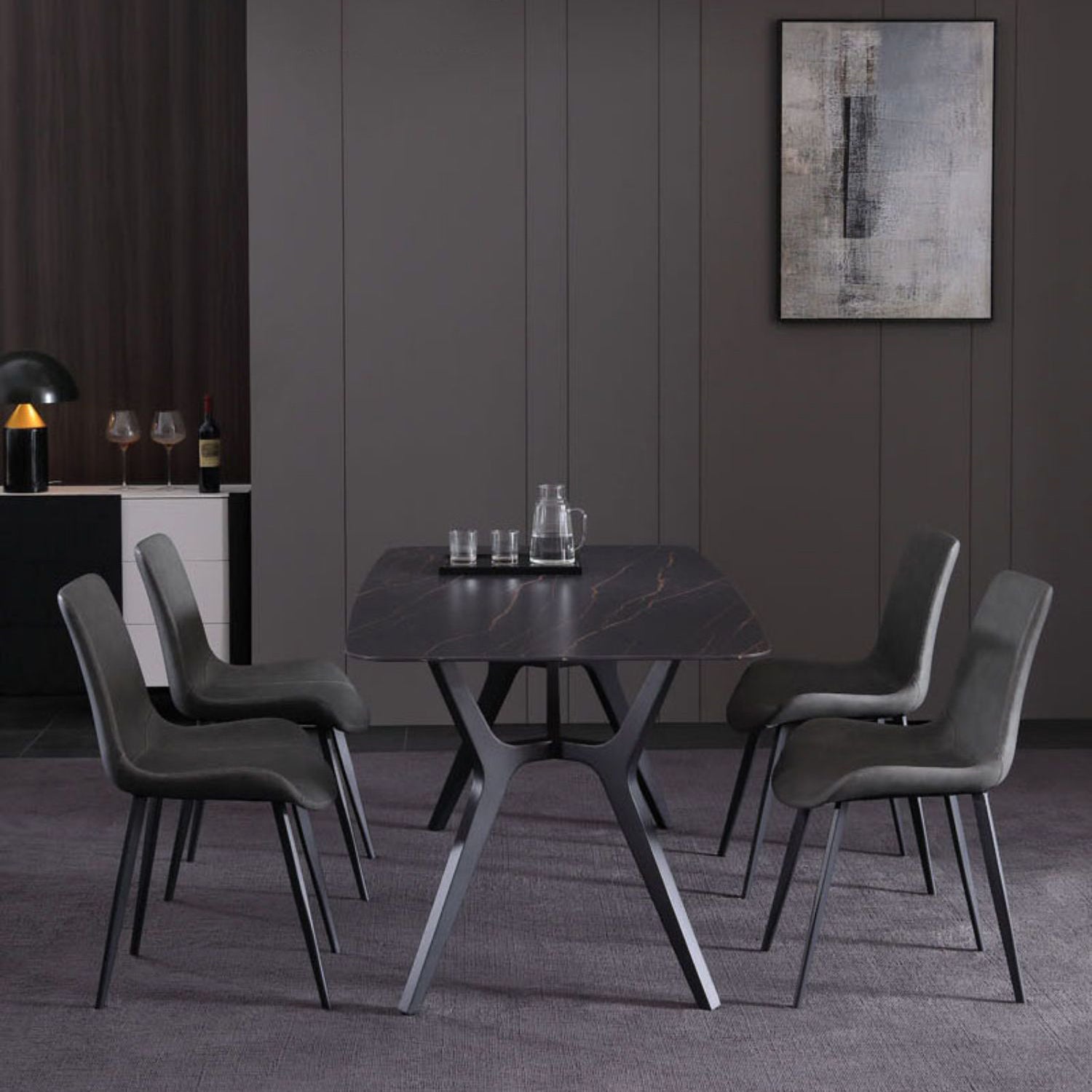 Contemporary Rectangle Dining Table Sintered Stone Dining Table with Black Trestle Base