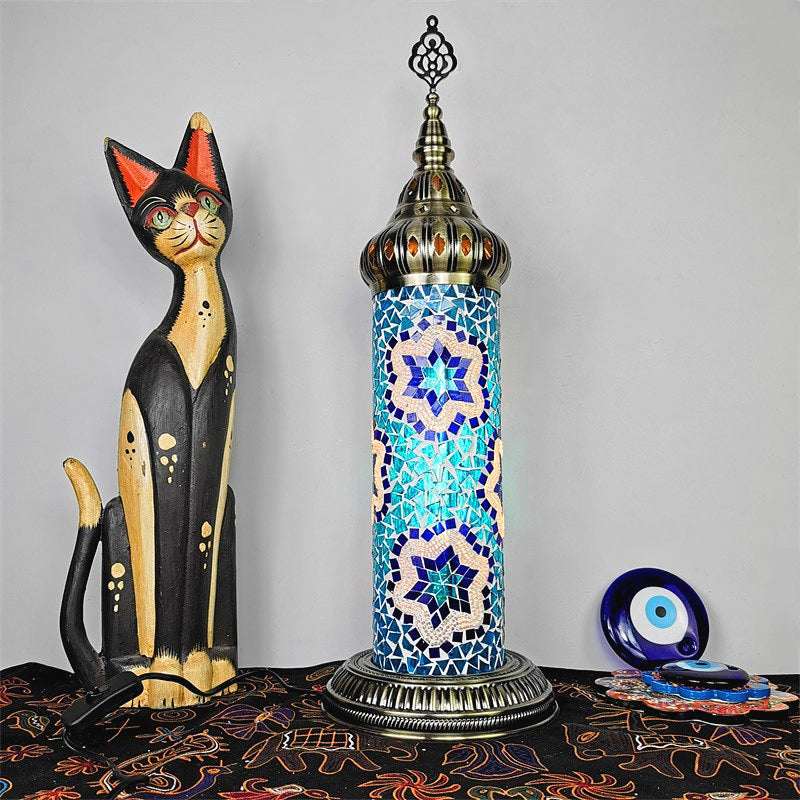 Cylinder Bedroom Table Lamp Traditional Stained Glass Yellow/Blue/Green LED Night Light