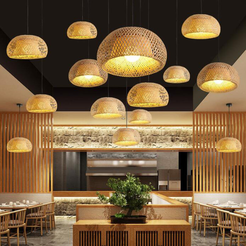 Shaded Restaurant Hanging Ceiling Light Bamboo Asia Style Pendant Ceiling Light in Beige