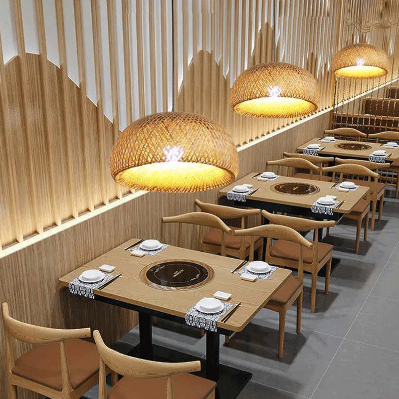 Shaded Restaurant Hanging Ceiling Light Bamboo Asia Style Pendant Ceiling Light in Beige