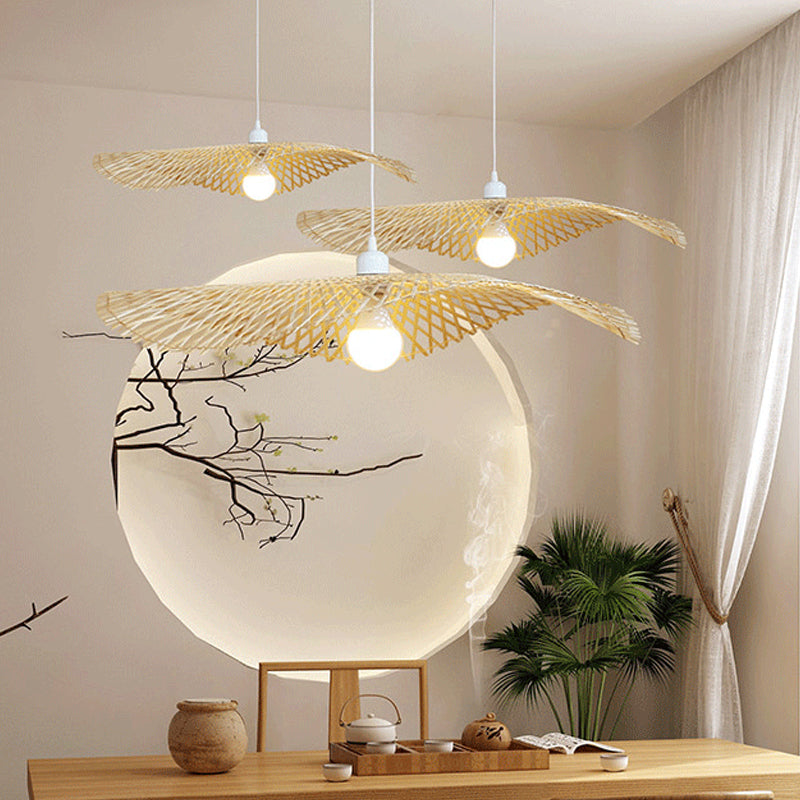 Shaded Restaurant Hanging Ceiling Light Bamboo Asia Style Pendant Ceiling Light in Beige