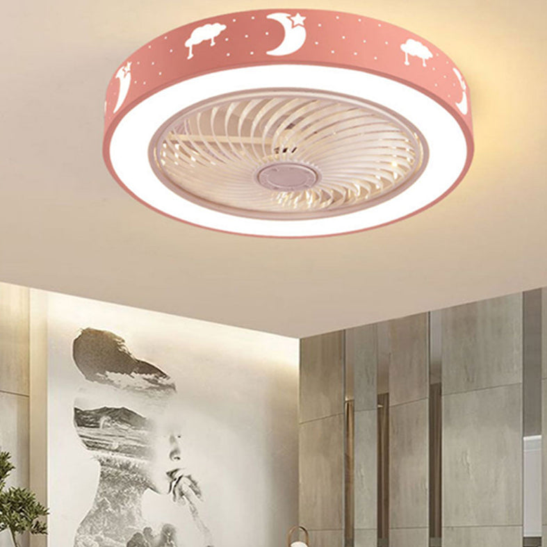 Pink Drum Shaped Fan Lamp Cartoon LED Metal Semi Flush Light for Child Room