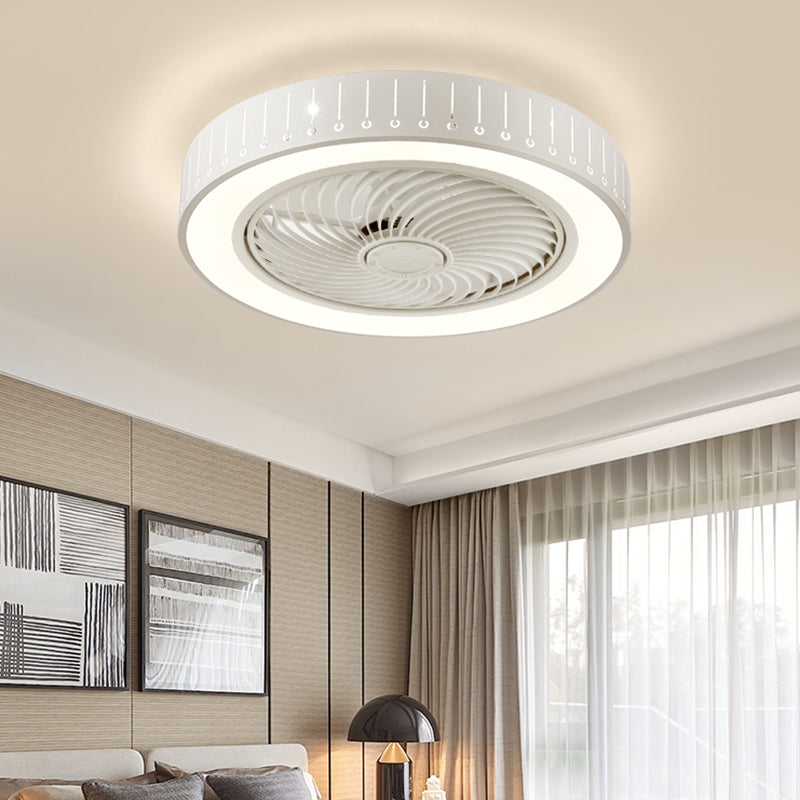 Invisible-Blade Drum Shaped Fan Light Kit Nordic Acrylic White LED Semi Flush Light for Bedroom