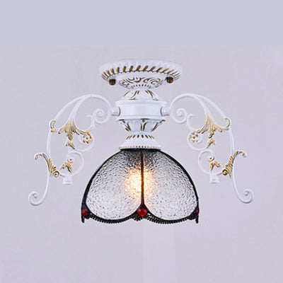 Traditional Petal Ceiling Light with Bowl Shade Stained Glass 1 Light Blue Diamond/Frosted Semi Flush Light in Black/White