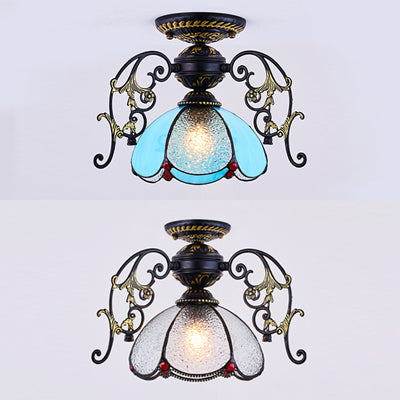 Traditional Petal Massimale Light con Bowl Shade Stained Glass 1 Light Blue Diamond / Frosted Semi Flush Light in Black / White