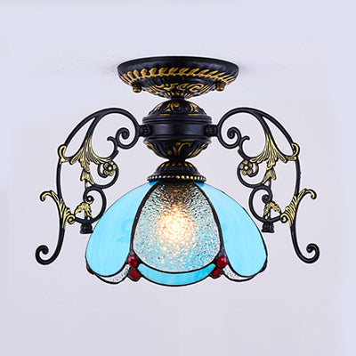 Traditional Petal Massimale Light con Bowl Shade Stained Glass 1 Light Blue Diamond / Frosted Semi Flush Light in Black / White