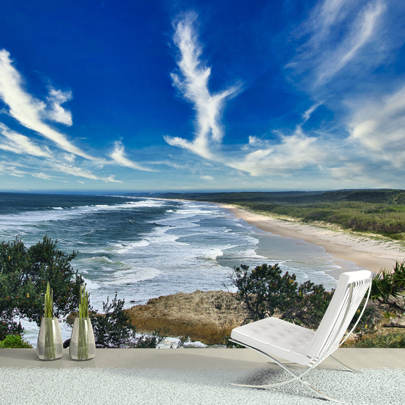 Blue Beach View Mural Wallpaper for Sitting Room, Custom Size Available