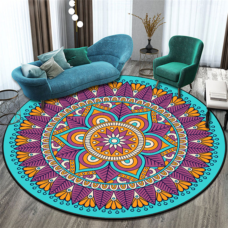 Blue Morocco Area Carpet Floral Print Polyester Area Rug Anti-Slip Backing Rug for Home Decor