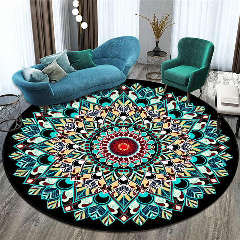 Blue Morocco Area Carpet Floral Print Polyester Area Rug Anti-Slip Backing Rug for Home Decor